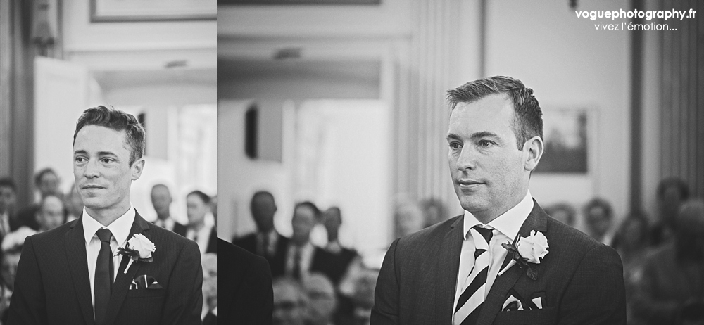 French wedding photographer same sex ; mariage gay homme au domaine saint clair le donjon à Etretat hotel luxe privatisé et à la mairie de Fécamp par Emmanuelle Auzou photographe mariage Normandie Dieppe Caen Deauville Rouen Paris France entière : mariage franco-anglais