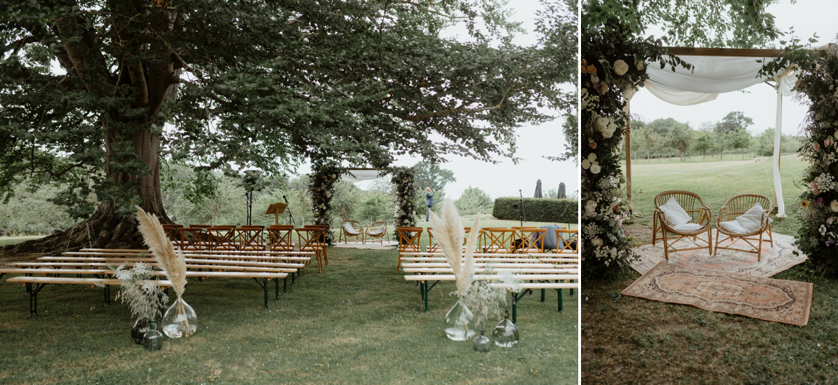 Photographe mariage et vidéaste mariage juif aux Jardins de Coppélia près de Honfleur et Deauville avec cérémonie laïque en extérieur dames jeannes pampas fauteuils rotins